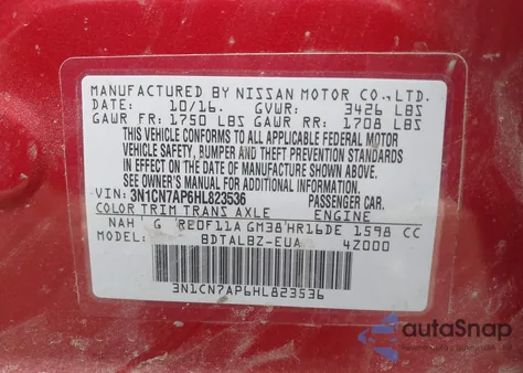 2017 Nissan Versa 1.6 Sv z USA, uszkodzony, nr VIN 3N1CN7AP6HL823536